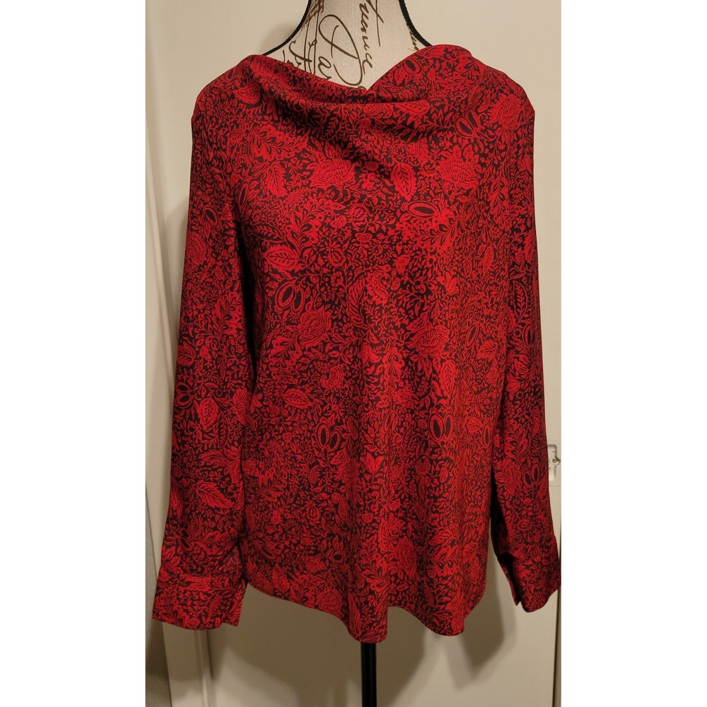 Ann Taylor Womens Red Black Floral Paisley Cowl Neck Blouse Top Sz Med
